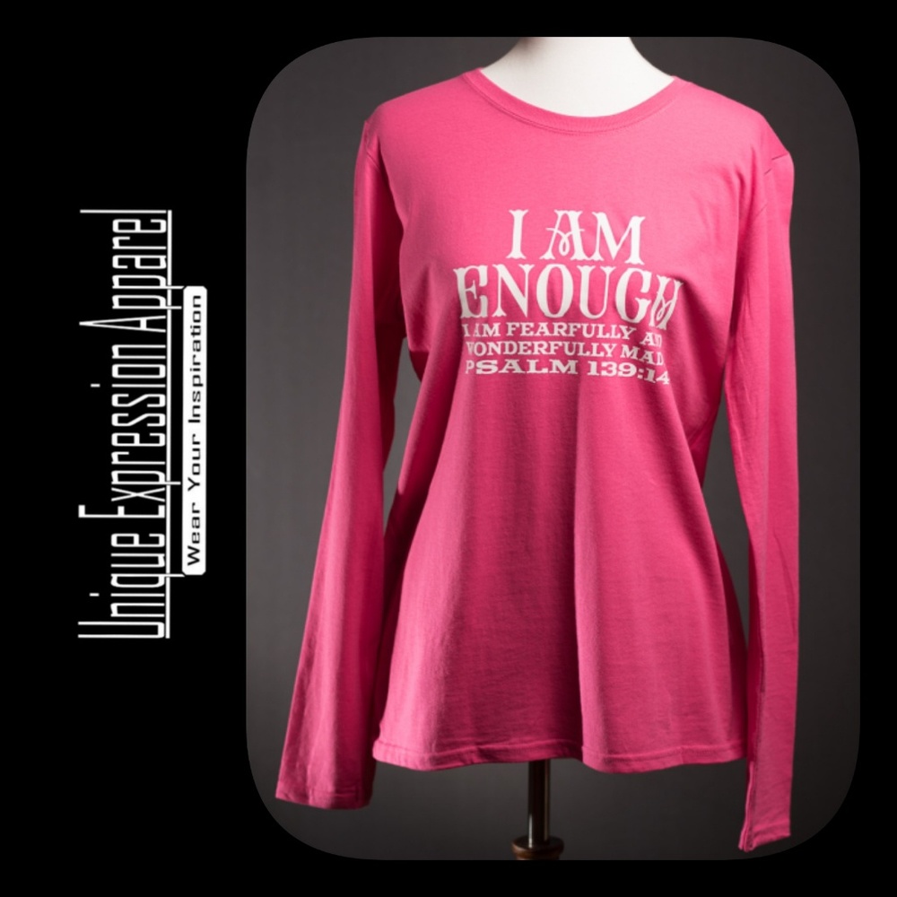 "I Am Enough" casual lng slv fuschia graphic tee